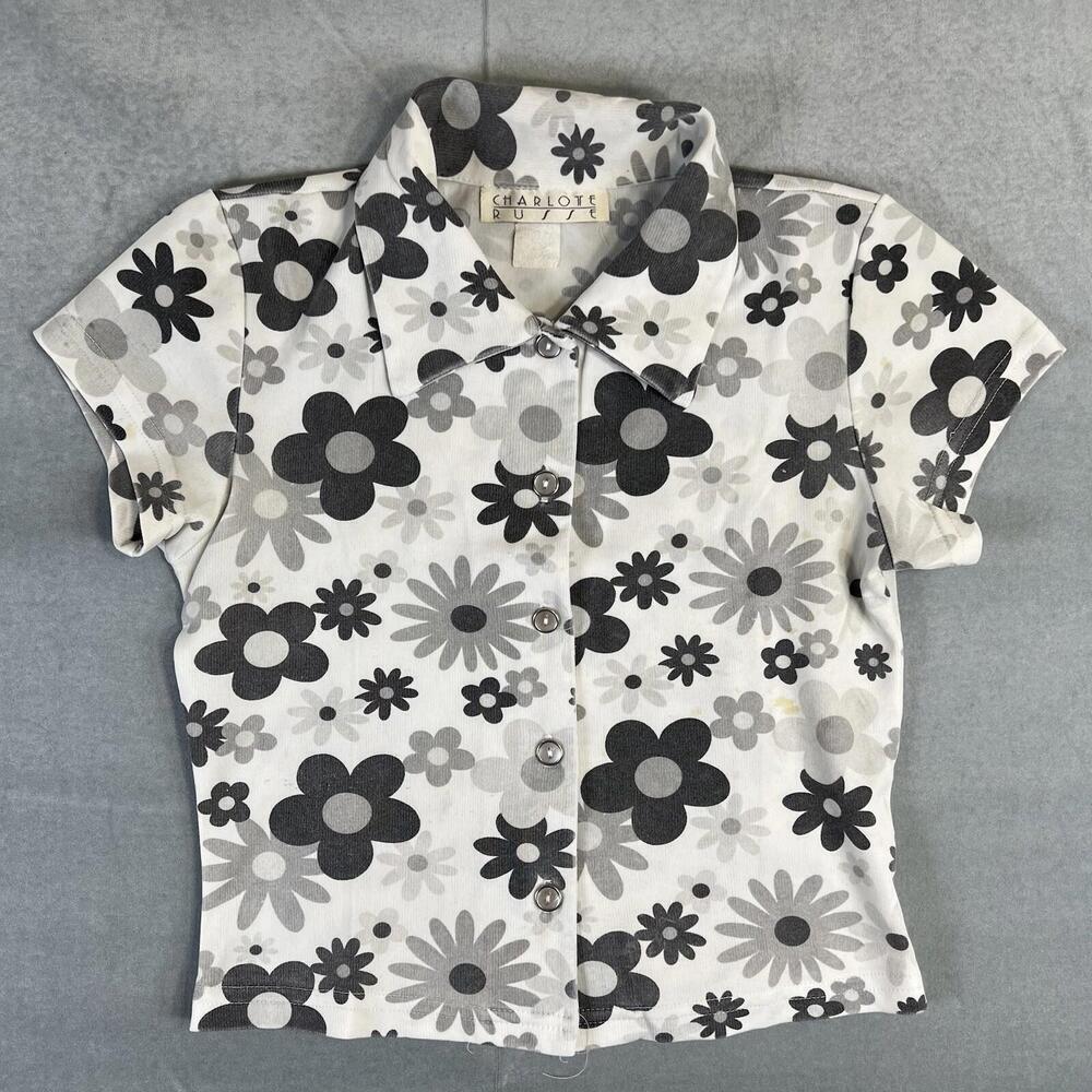 Vintage 90s Charlotte Russe Floral Button Up Top Womens XS* White Gray Collared